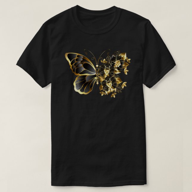 Goldener Schmetterling mit schwarzem Orchid T-Shirt (Design vorne)