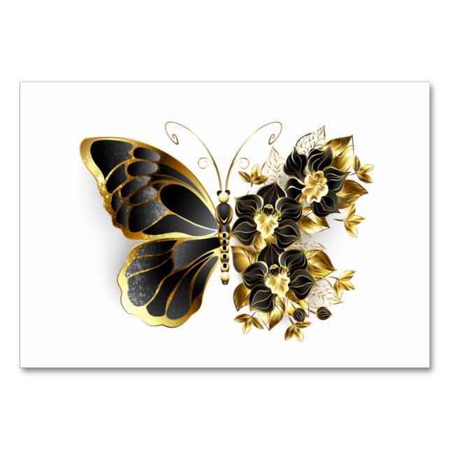 Goldener Schmetterling mit schwarzem Orchid Tischnummer (Vorderseite)