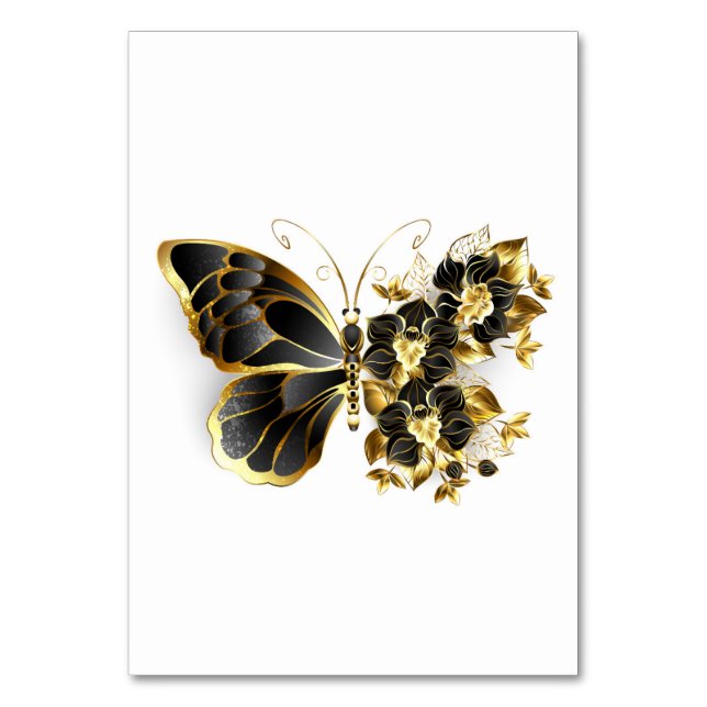 Goldener Schmetterling mit schwarzem Orchid Tischnummer (Vorderseite)
