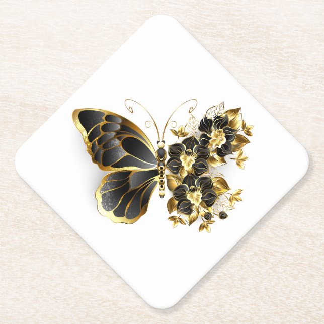 Goldener Schmetterling mit schwarzem Orchid Untersetzer (Vorderseite)