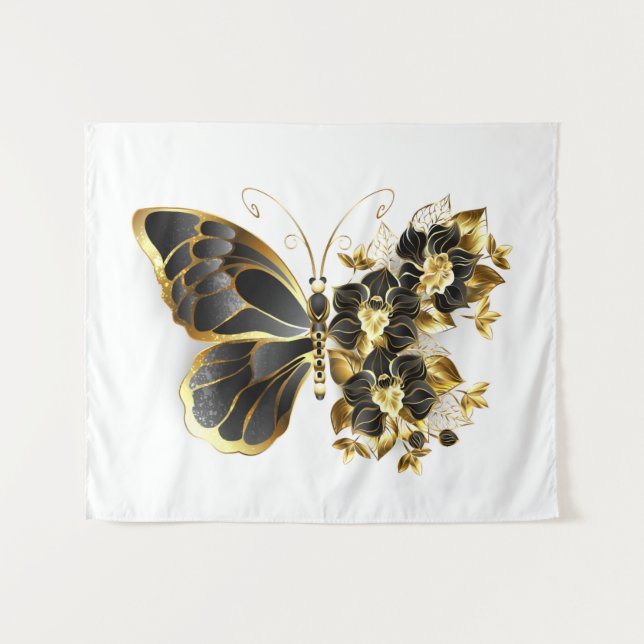 Goldener Schmetterling mit schwarzem Orchid Wandteppich (Vorderseite (Horizontal))