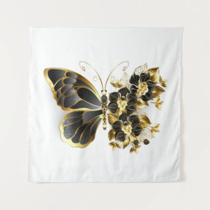 Goldener Schmetterling mit schwarzem Orchid Wandteppich