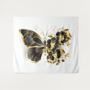 Goldener Schmetterling mit schwarzem Orchid Wandteppich