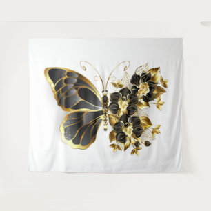 Goldener Schmetterling mit schwarzem Orchid Wandteppich