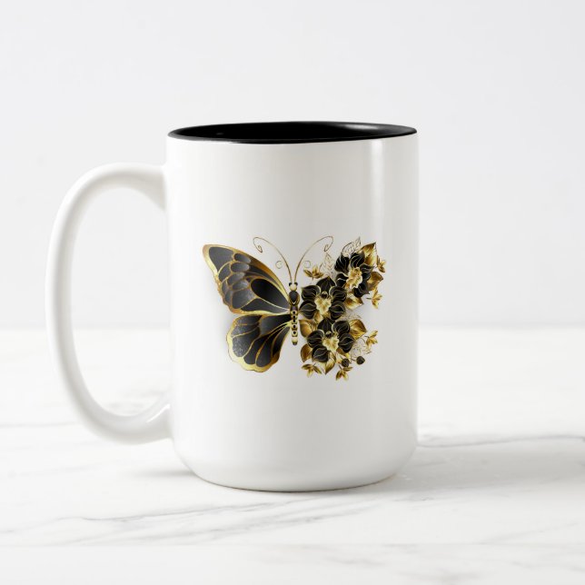 Goldener Schmetterling mit schwarzem Orchid Zweifarbige Tasse (Links)