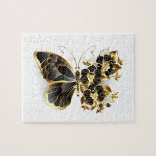 Goldener Schmetterling mit schwarzer Orchidee Puzzle