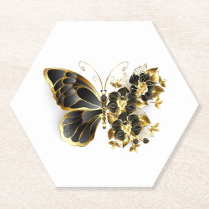 Goldener Schmetterling mit schwarzer Orchidee Untersetzer