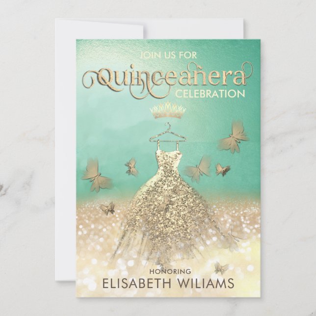 Goldener Schmetterling Quinceañera in Glitzer Einladung (Vorderseite)
