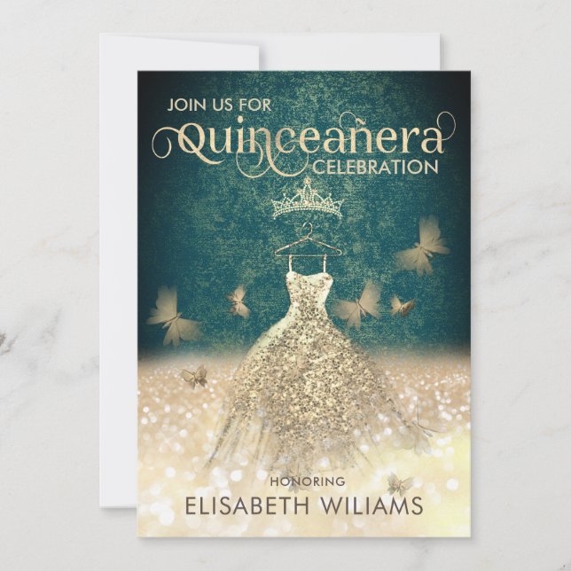 Goldener Schmetterling Quinceañera in Glitzer Einladung (Vorderseite)