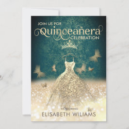 Goldener Schmetterling Quinceañera in Glitzer Einladung