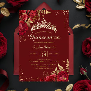 Goldener Schmetterling Rote Florale Rose Quinceane Folieneinladung