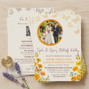 Goldener Schmetterling & Wildblumen-Foto-Hochzeit Einladung