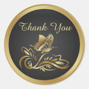 Goldener Schmetterling, wirbeln auf schwarz Danke  Runder Aufkleber