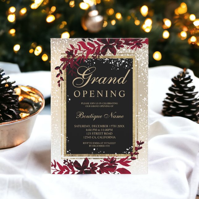 goldener Schnee elegante rote Weihnachtsfeier Einladung (gold leaf snow elegant red Christmas grand opening Invitation)