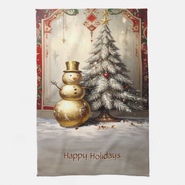 Goldener Schneemann Weihnachtsbaum Feiertag Geschirrtuch (Vertikal)