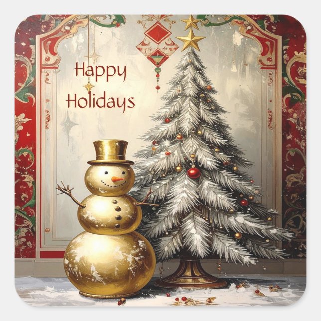 Goldener Schneemann Weihnachtsbaum Feiertags Aufkl Quadratischer Aufkleber (Vorderseite)