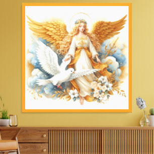 Goldener Schutzengel mit weißem Vogel Leinwanddruck