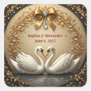 🦢 Goldener Schwan-Hochzeit mit romantischer Band  Quadratischer Aufkleber
