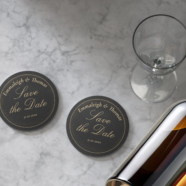 Goldener Schwarzer Glitzer Save the Date Runder Pappuntersetzer (Von Creator hochgeladen)