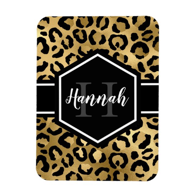 Goldener schwarzer Leopard Flecken Monogramm Magnet (Vertikal)