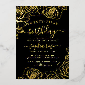 Goldener Schwarzer Rose Foil 21. Geburtstag Folieneinladung