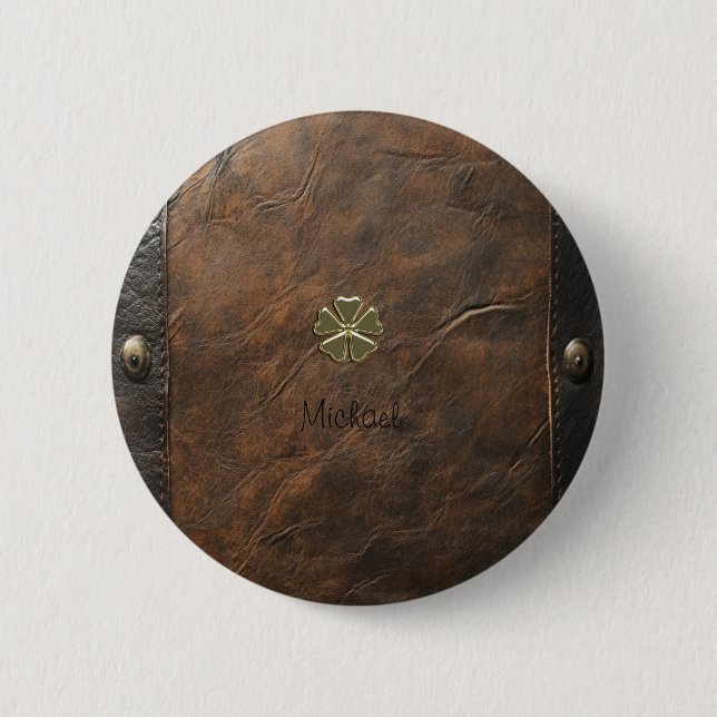 Goldener Shamrock St.Patrick`s Day,Braunes Leder Button (Vorderseite)