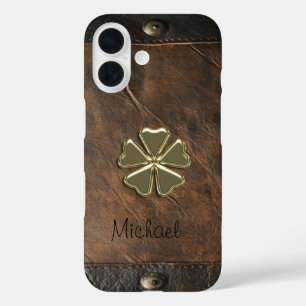Goldener Shamrock St.Patrick`s Day,Braunes Leder iPhone 16 Hülle