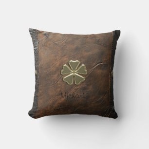 Goldener Shamrock St.Patrick`s Day,Braunes Leder Kissen