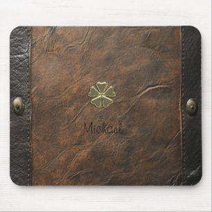 Goldener Shamrock St.Patrick`s Day,Braunes Leder Mousepad