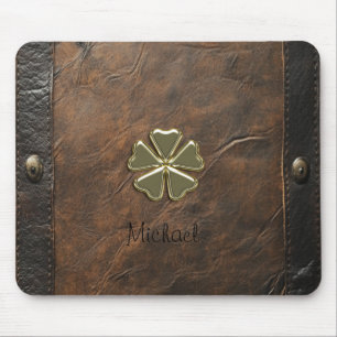 Goldener Shamrock St.Patrick`s Day,Braunes Leder Mousepad