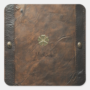 Goldener Shamrock St.Patrick`s Tag,Braunes Leder Quadratischer Aufkleber
