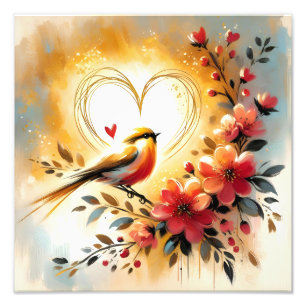 Goldener Singvogel mit Korallenblumen und Herz Fotodruck