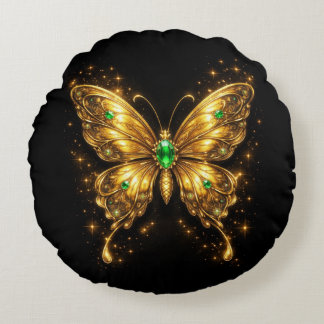 Goldener Smaragd-Kristall-Schmetterling Rundes Kissen