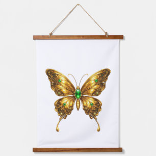 Goldener Smaragd-Kristall-Schmetterling Wandteppich Mit Holzrahmen