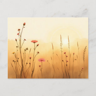 Goldener Sonnenaufgang mit Aquarellfarben-Wildblum Postkarte