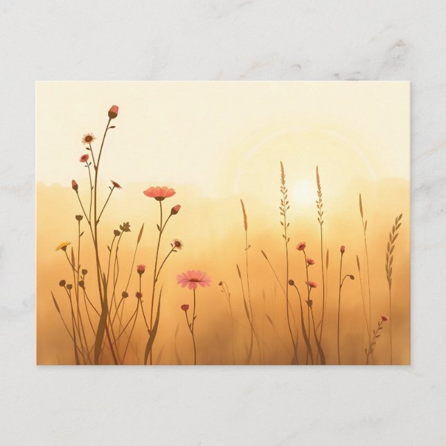 Goldener Sonnenaufgang mit Aquarellfarben-Wildblum Postkarte (Vorderseite)