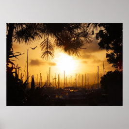 Goldener Sonnenaufgang über dem Hafen Poster