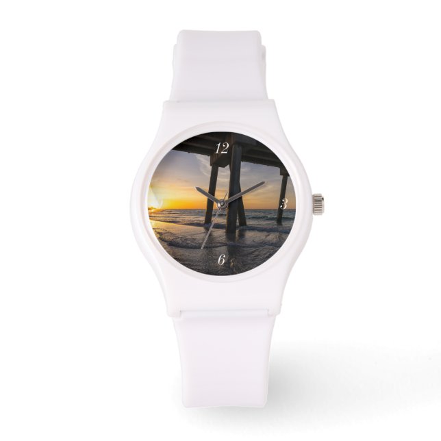 Goldener Sonnenaufgang unter Pensacola Pier Watch Armbanduhr (Vorderseite)