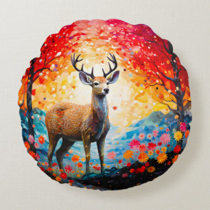 Goldener Sonnenuntergang Blumen Herbst Wald Hirsch Rundes Kissen