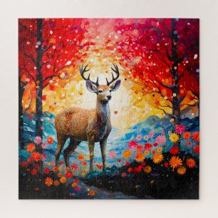 Goldener Sonnenuntergang Floral Herbst Wald Hirsch Puzzle