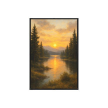 Goldener Sonnenuntergang Fluss zwischen Kiefern