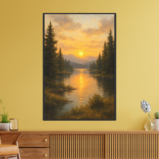 Goldener Sonnenuntergang Fluss zwischen Kiefern Leinwanddruck