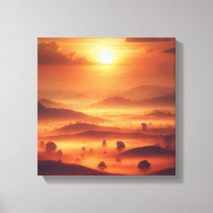 Goldener Sonnenuntergang über nebligen Hügeln Vint Leinwanddruck