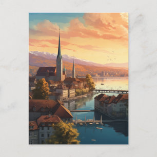 Goldener Sonnenuntergang über Zürich Feiertagspostkarte