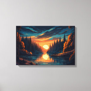 Goldener Sonnenuntergangs-Wald-Fluss-Leinwand-Wand Leinwanddruck
