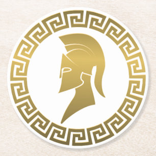 Goldener spartanischer Helm mit griechischer Schlü Runder Pappuntersetzer