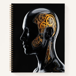 Goldener Steampunk-Cyborg mit leuchtend blauem Neo Notizbuch