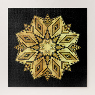 Goldener Stern-Mandala auf schwarzem Hintergrund Puzzle