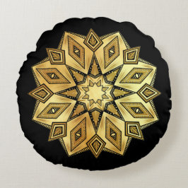 Goldener Stern-Mandala auf schwarzem Hintergrund Rundes Kissen