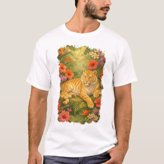 Goldener Tabby-Tiger zwischen tropischen Blumen T-Shirt
